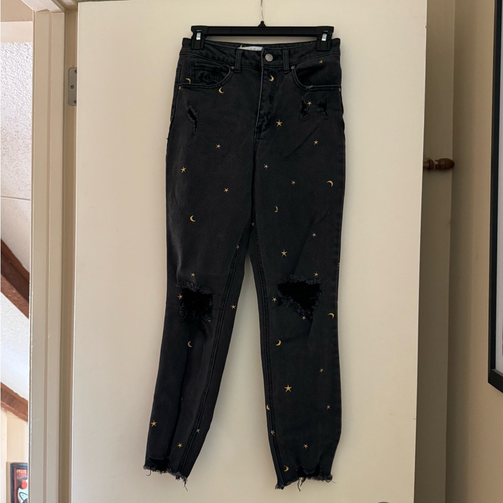 Tinseltown Moon and Star Patterned Distressed Jeans